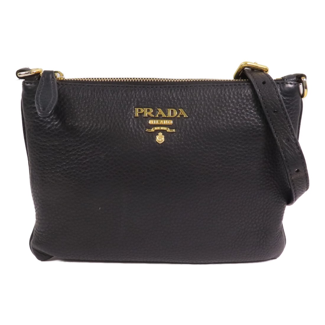 Prada Black Calfskin Leather Shoulder Bag with Gold Hardware: Prada Black Calfskin Leather Shoulder Bag with Gold Hardware This PRADA shoulder bag is crafted from black calfskin leather and features a sleek, minimalist design. Designed for versatility, it can be