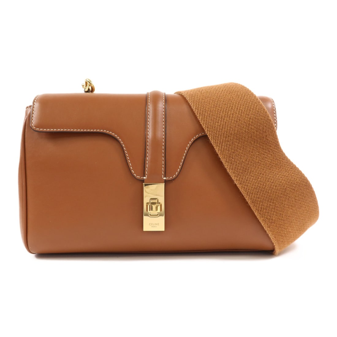 Teen Soft 16 Brown Calfskin Shoulder Bag by CELINE with Gold Hardware: Teen Soft 16 Brown Calfskin Shoulder Bag by CELINE with Gold Hardware This Celine Teen Soft 16 shoulder bag is crafted from brown calfskin leather and features gold-tone hardware. Made in France, it o
