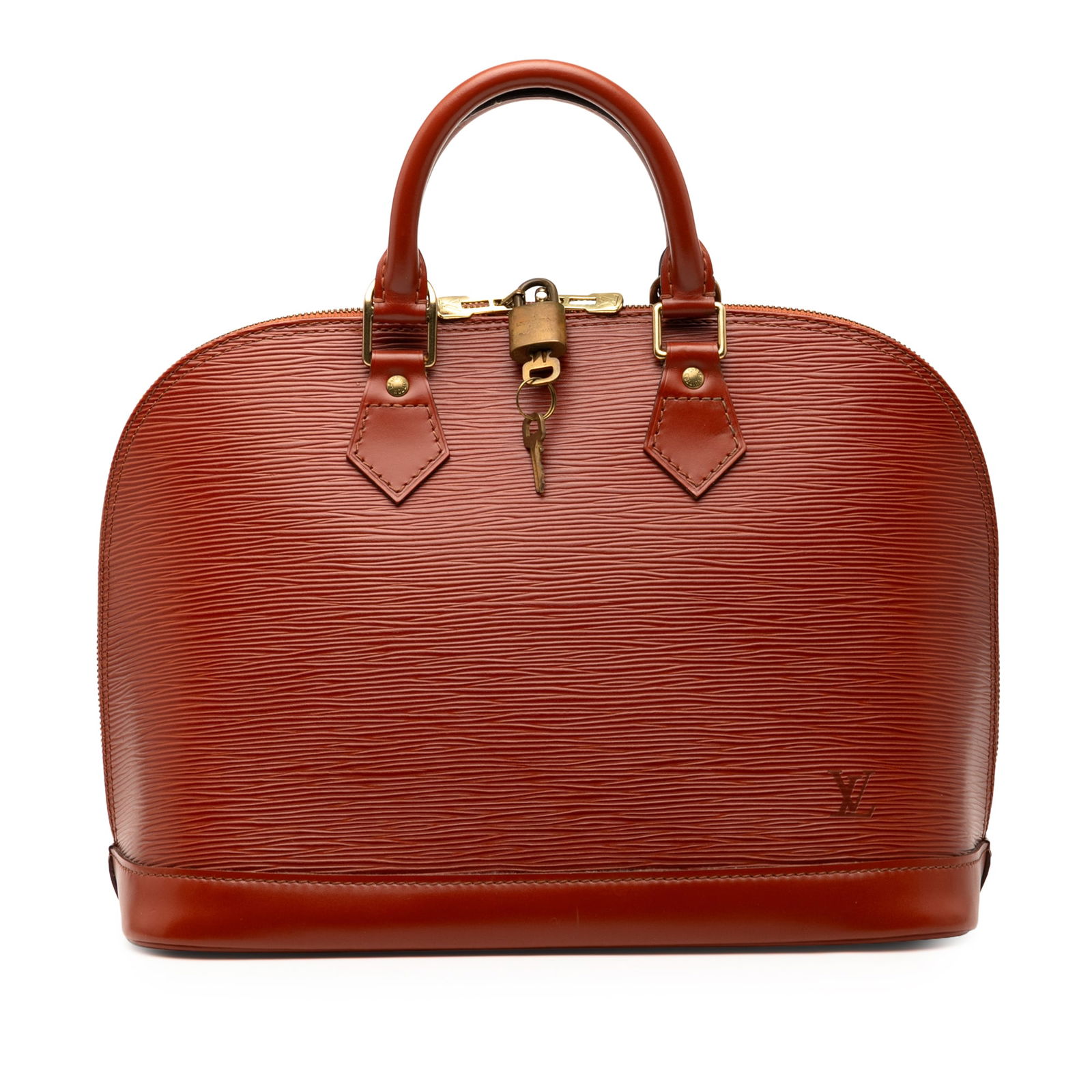 Louis Vuitton Epi Alma PM Brown Leather Handbag: Louis Vuitton Epi Alma PM Brown Leather Handbag This Louis Vuitton Epi Alma PM bag showcases a sophisticated design with its epi leather body and stylish rolled leather handles. The top zip closure se