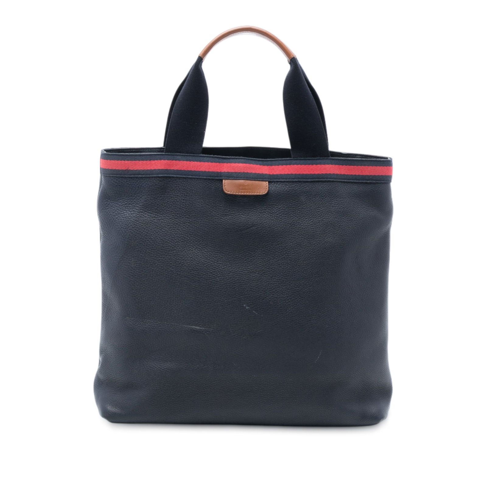 Blue Leather Tote with Canvas Straps by Gucci Web Collection: Blue Leather Tote with Canvas Straps by Gucci Web Collection This Gucci Leather Web Tote features a blue leather body with flat canvas straps, a top lobster claw closure, and interior slip pockets. Ma