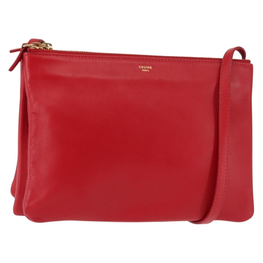 CELINE Trio Large Red Gold Leather Shoulder Bag Authentic Italy: CELINE Trio Large Red Gold Leather Shoulder Bag Authentic Italy Presenting the CELINE Trio Large Shoulder Bag, an elegant accessory crafted in Italy. This stylish bag features a luxurious leather exte