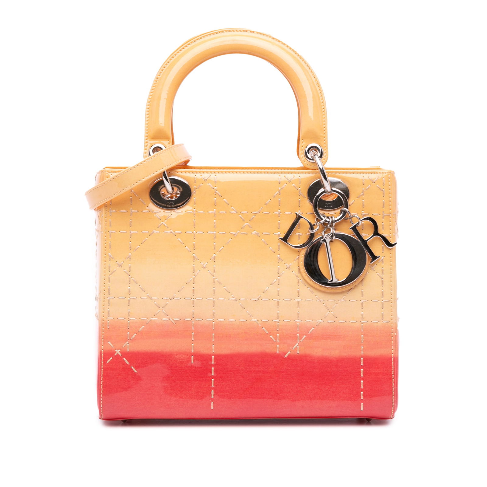 Dior Medium Ombre Patent Cannage Lady Dior Bag Orange: Dior Medium Ombre Patent Cannage Lady Dior Bag Orange This Medium Ombre Patent Cannage Lady Dior handbag showcases a stunning quilted patent leather body in a vibrant orange hue. It features flat leat