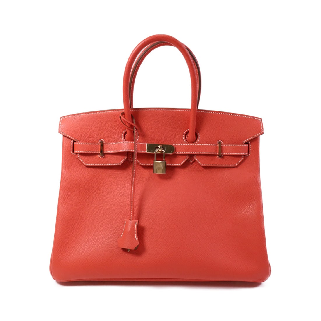 Birkin 35 Epsom Leather Handbag with Gold Hardware in Rose Jaipur: Birkin 35 Epsom Leather Handbag with Gold Hardware in Rose Jaipur This Hermes Birkin 35 handbag showcases elegant Epsom leather in a striking Rose Jaipur red shade. Featuring gold hardware, it is craf