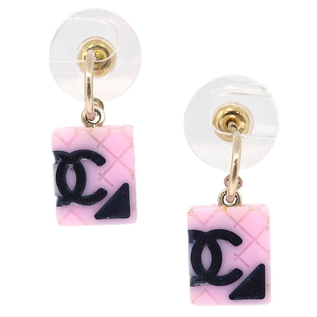 Chanel Pink Cambon Ligne Square Pierced Earrings Gold Plated 05C: Chanel Pink Cambon Ligne Square Pierced Earrings Gold Plated 05C These Chanel Cambon Ligne dangle pierced earrings feature a distinctive square shape with a pink design. Crafted in Italy, they are mad