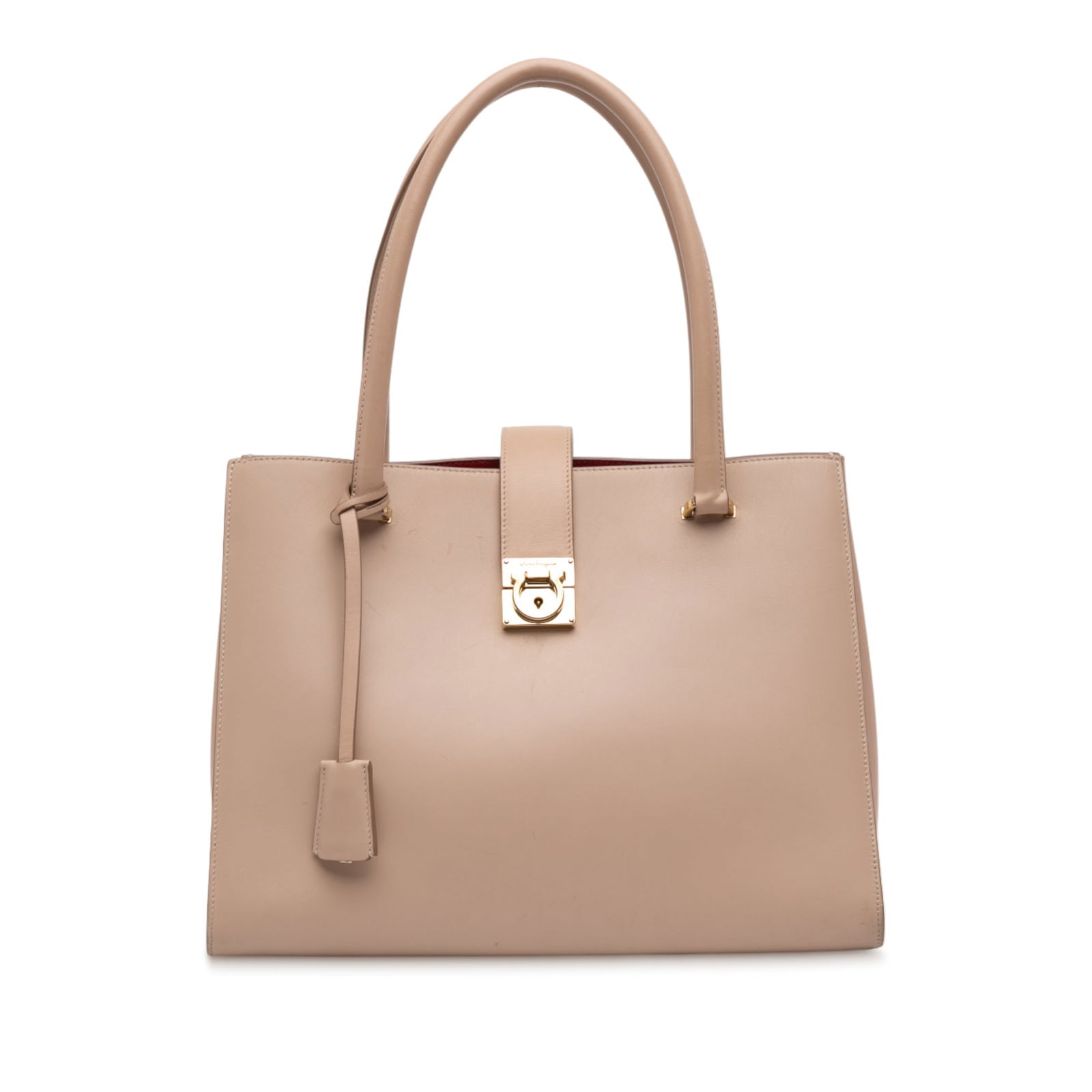 Brown Leather Ferragamo Marlene Gancini Tote Bag with Flip Lock Closure: Brown Leather Ferragamo Marlene Gancini Tote Bag with Flip Lock Closure This Ferragamo Leather Gancini Marlene Tote features a brown leather body with rolled leather handles, an open top secured by a