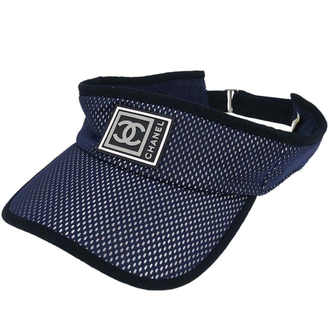 Navy Nylon Polyester Visor Hat Chanel Sport Line One Size: Navy Nylon Polyester Visor Hat Chanel Sport Line One Size This Chanel visor hat from the Sport Line collection features a navy color and is crafted from a blend of 70% nylon and 30% polyester. Designe