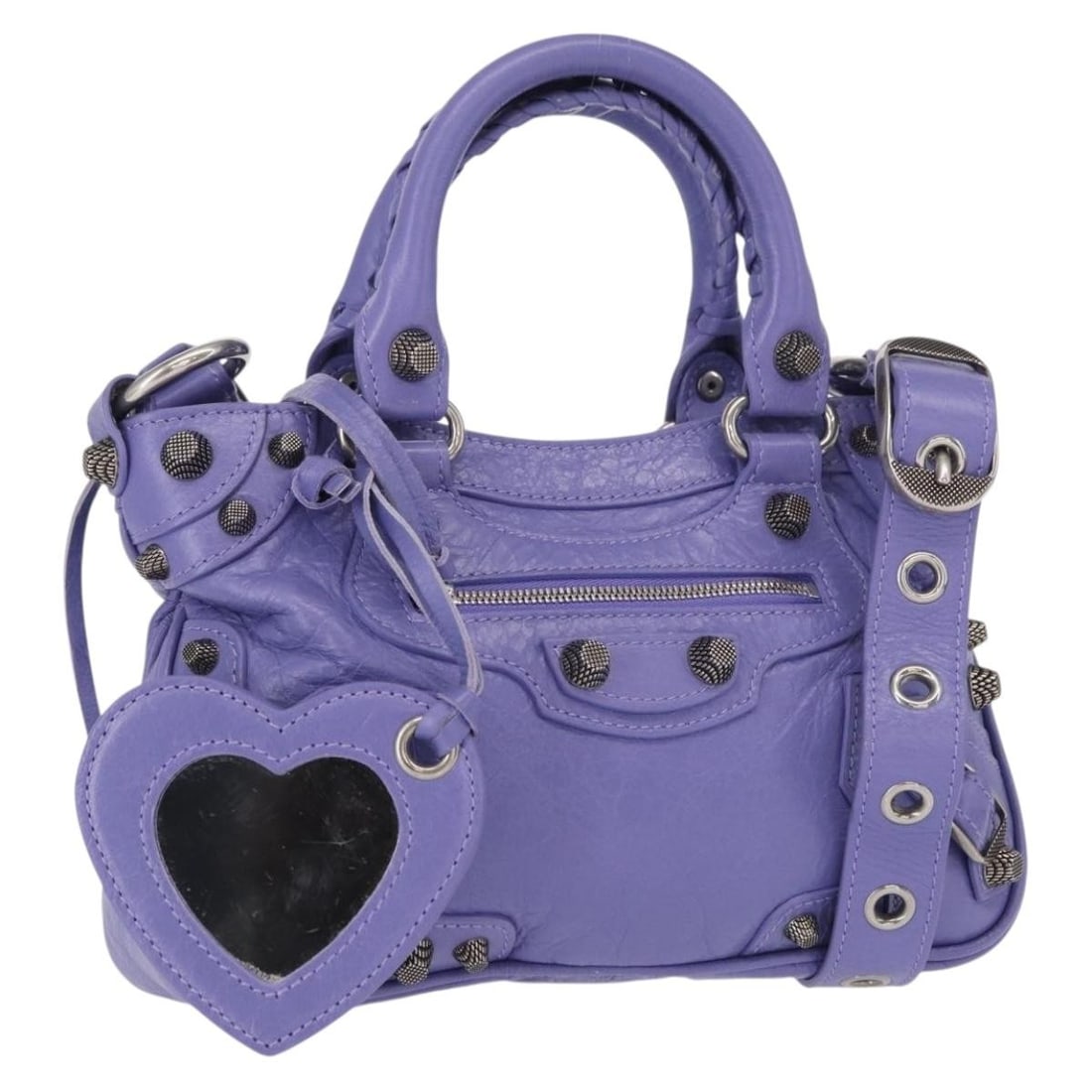 BALENCIAGA Neo Kagoul S Leather Hand Bag Purple Silver Auth 751523: BALENCIAGA Neo Kagoul S Leather Hand Bag Purple Silver Auth 751523 This exquisite BALENCIAGA Neo Kagoul S Hand Bag showcases a chic blend of purple and silver leather, crafted in Italy. The handbag fe