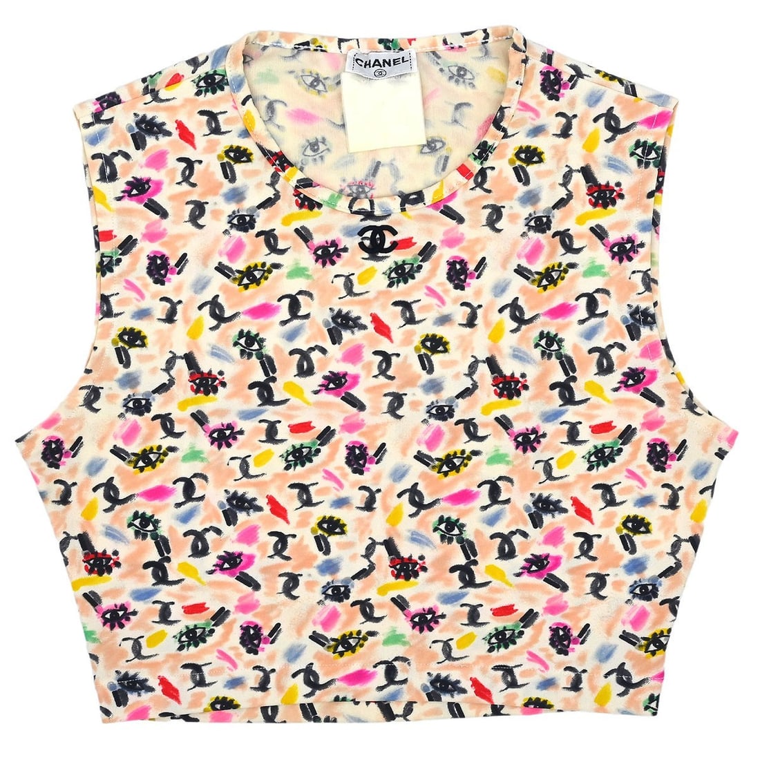 Chanel Vintage White Sleeveless Cropped Tank Top Size 38: Chanel Vintage White Sleeveless Cropped Tank Top Size 38 Elevate your casual wardrobe with this vintage Chanel sleeveless cropped tank top in classic white. Featuring a round neck and a regular fit, t