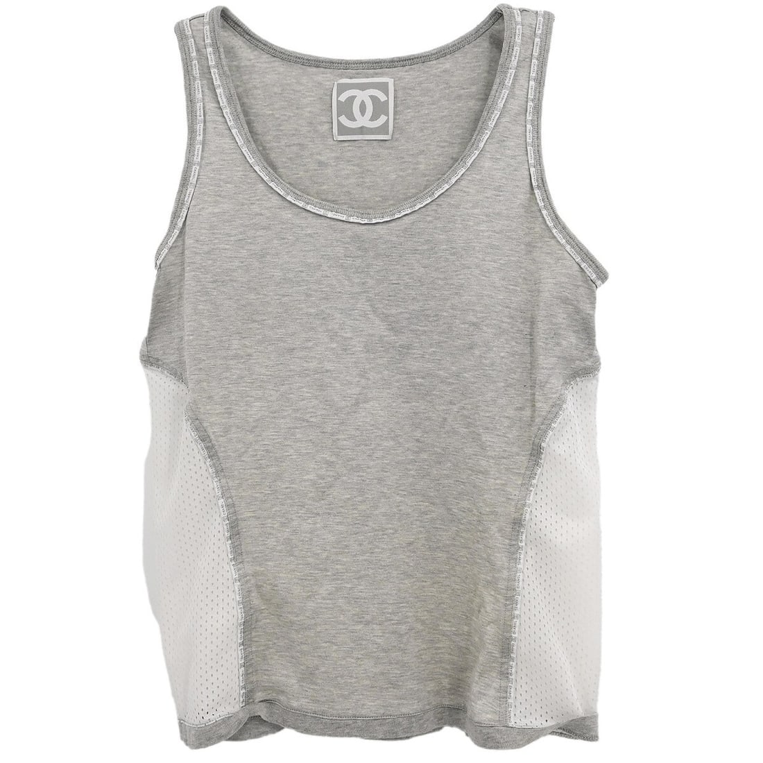 Chanel Sport Line Gray Sleeveless Cotton Tank Top #38: Chanel Sport Line Gray Sleeveless Cotton Tank Top #38 Elevate your casual look with this Chanel Sport Line Sleeveless Mesh Top. Designed for comfort and style, this gray tank features a classic round