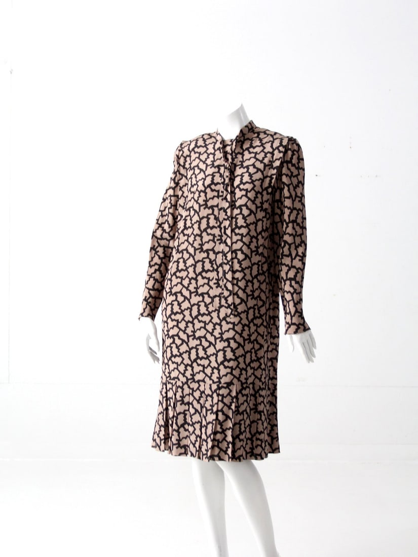 1980s Silk Dress by Pierre Cardin with Geometric Print and Tie Neckline (1 of 13)