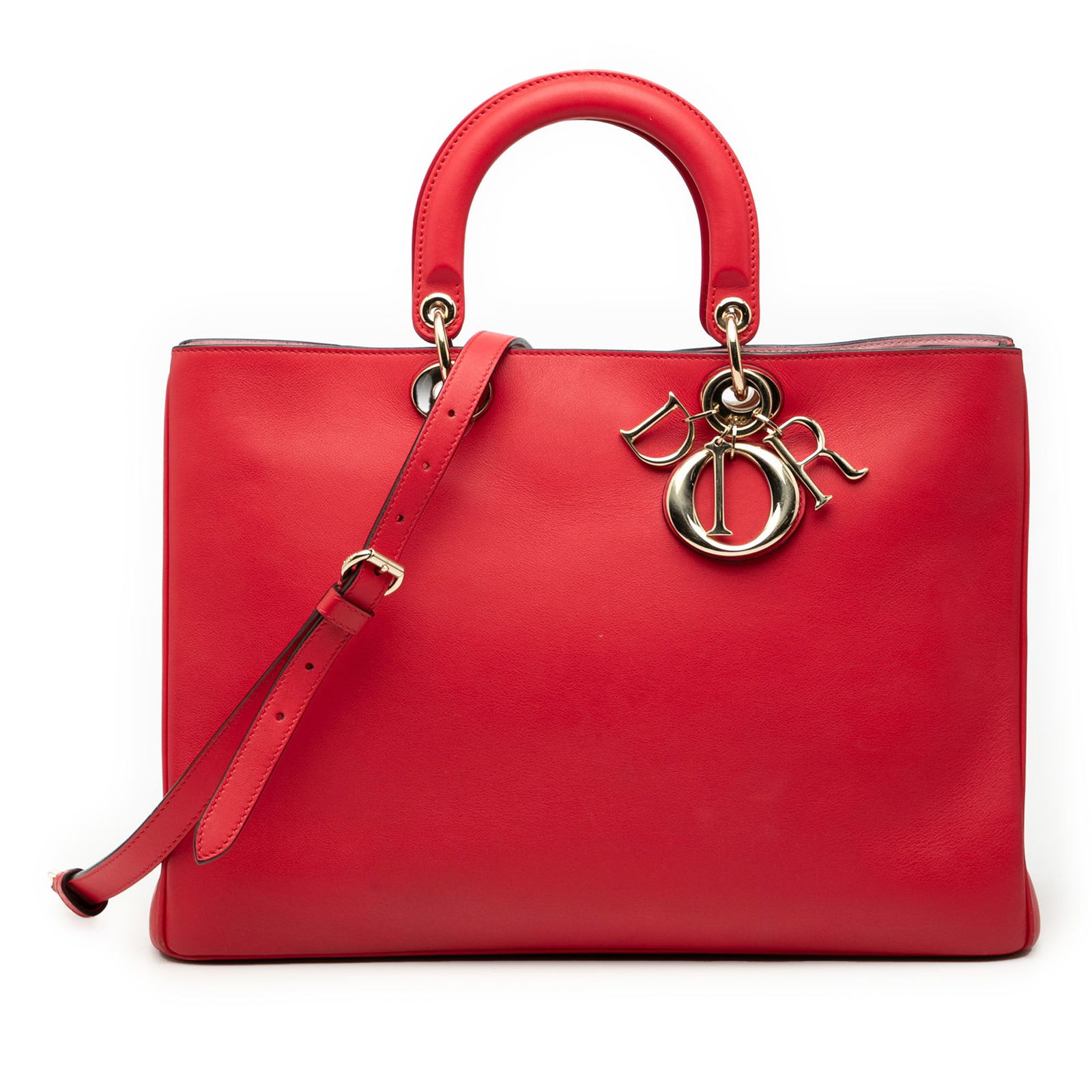 Dior Diorissimo Large Red Leather Satchel with Shoulder Strap: Dior Diorissimo Large Red Leather Satchel with Shoulder Strap This Diorissimo satchel is crafted from smooth calfskin leather in red and features flat leather top handles, a detachable and adjustable