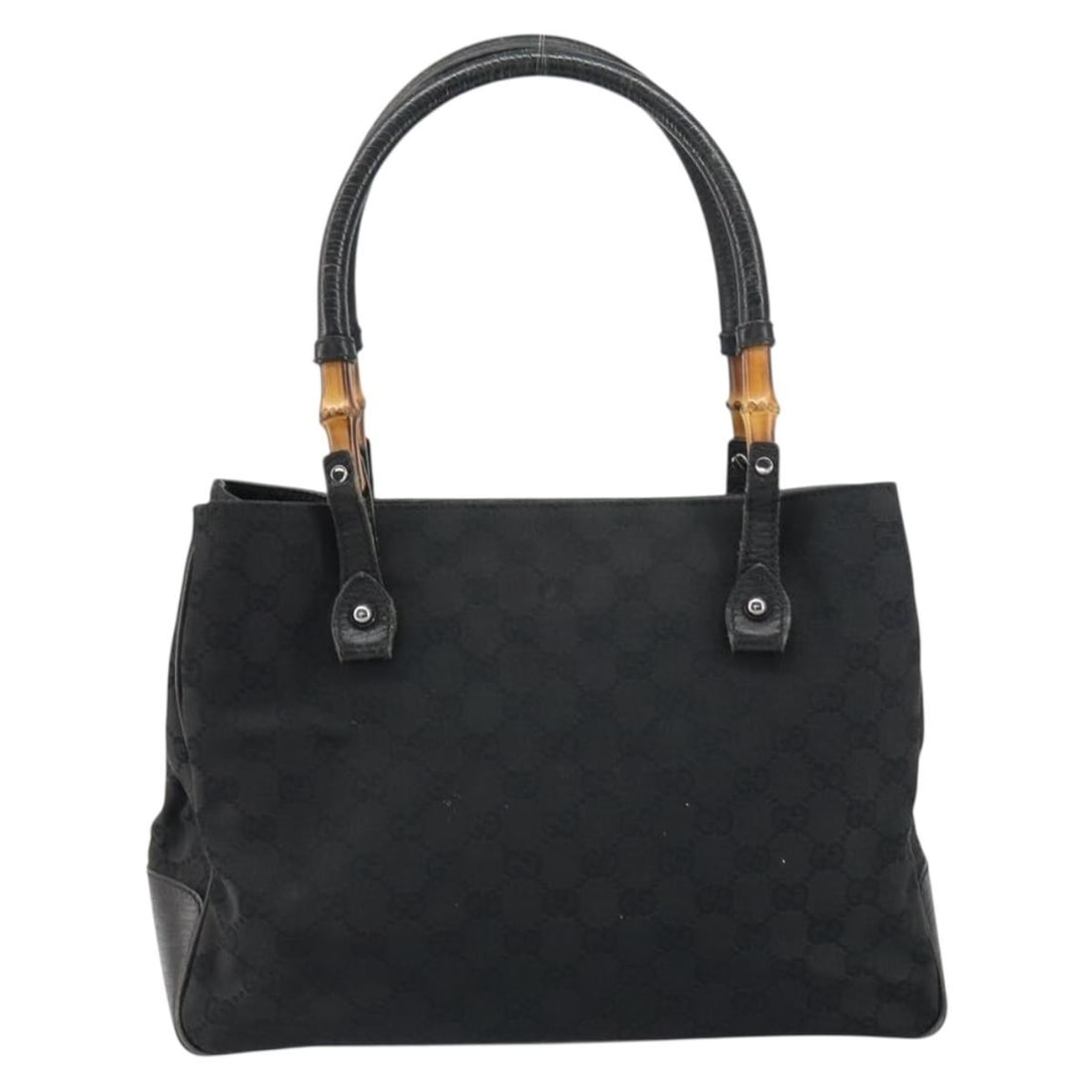 Gucci Bamboo Black Canvas Tote Bag Italian Designer Handbag: Gucci Bamboo Black Canvas Tote Bag Italian Designer Handbag This Gucci Bamboo tote bag features a black canvas exterior and is designed for women. The bag shows signs of wear, including surface rubbin