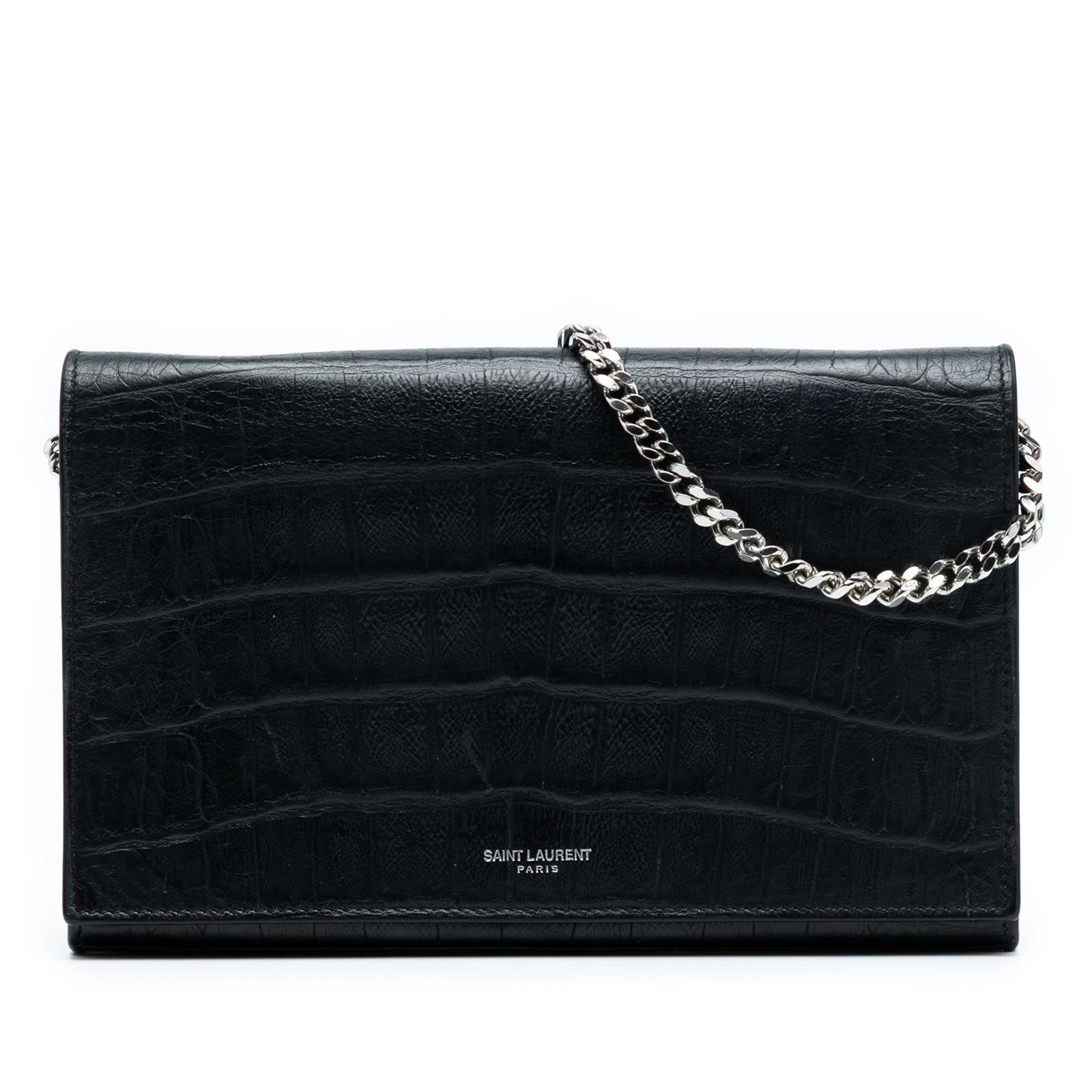 Saint Laurent Black Croc Embossed Leather Wallet On Chain (1 of 6)
