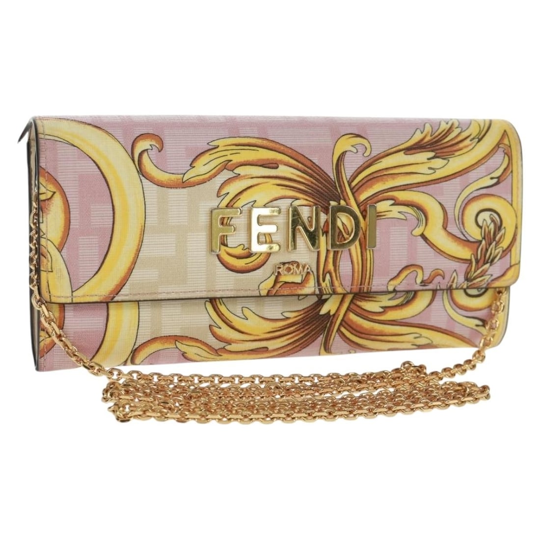 Pink Gold PVC Fendi Fendace Versace Chain Shoulder Wallet: Pink Gold PVC Fendi Fendace Versace Chain Shoulder Wallet This Fendi Fendace Versace collaboration chain wallet features a pink and gold PVC leather exterior with a compact shoulder bag design. It mea