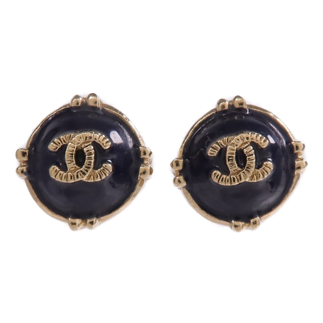 CHANEL Navy and Gold Tone CC Logo Pierced Earrings: CHANEL Navy and Gold Tone CC Logo Pierced Earrings These CHANEL CC earrings feature a navy color and are crafted from metal. Designed as pierced earrings, they do not contain any stones. Made in Franc