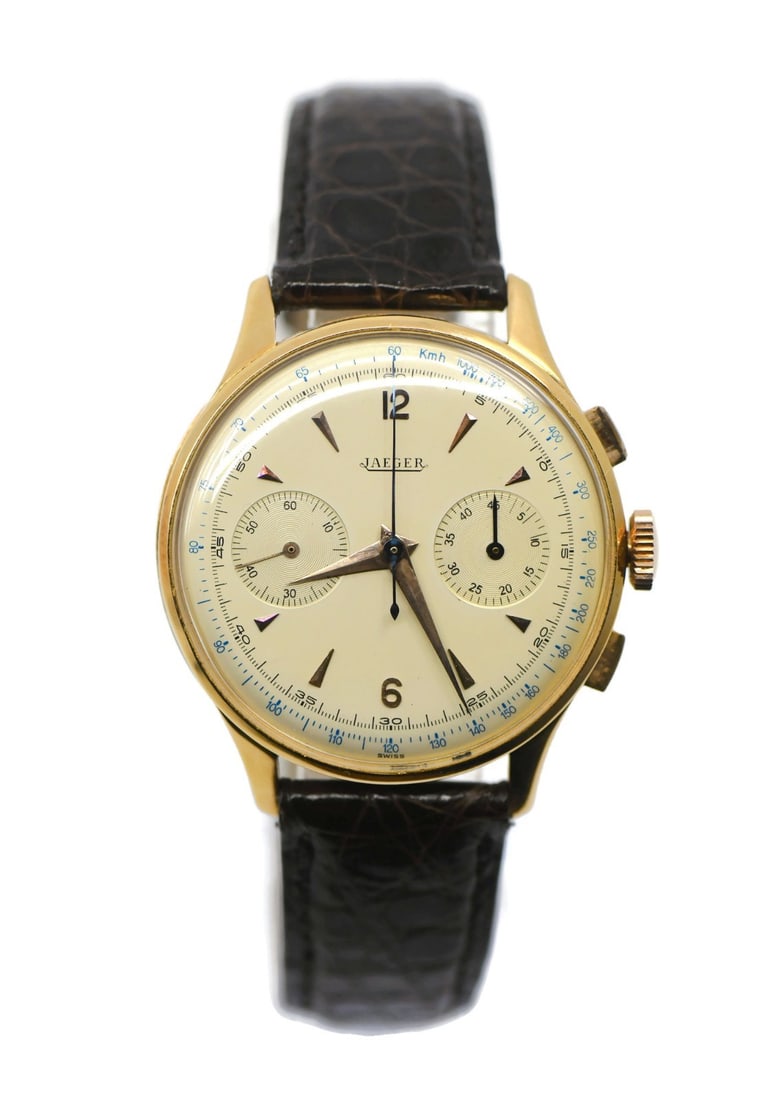 Vintage Jaeger-LeCoultre Manual Chronograph in 18K Rose Gold: Vintage Jaeger-LeCoultre Manual Chronograph in 18K Rose Gold This Jaeger-LeCoultre vintage chronograph wristwatch features a 38mm case crafted from 18K rose gold. It is equipped with a manual mechanic