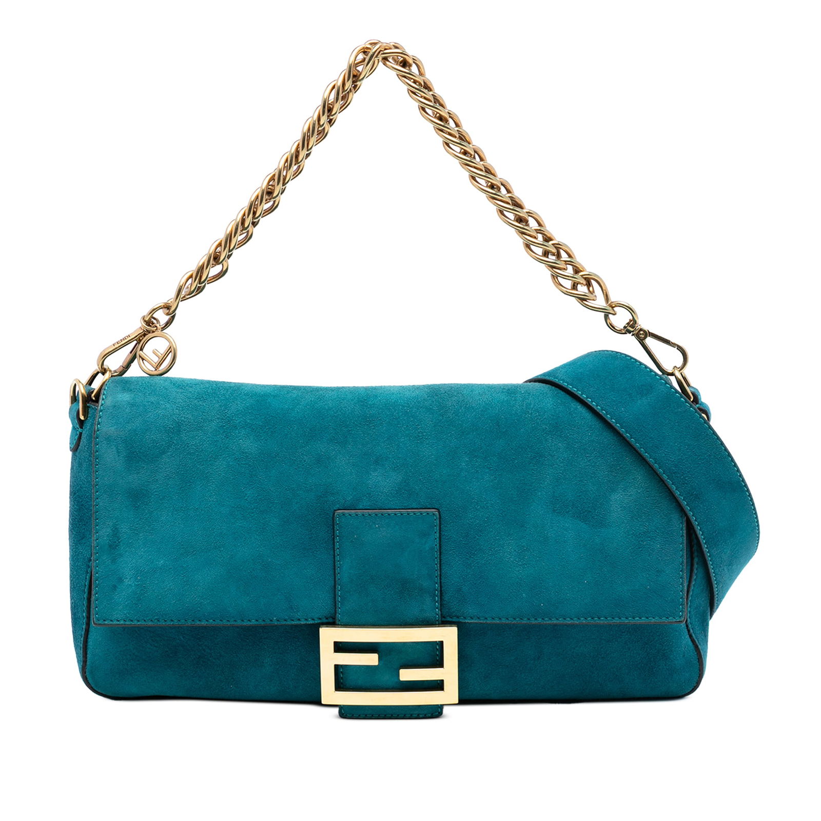 Fendi Baguette Satchel in Blue Suede with Detachable Chain Handle: Fendi Baguette Satchel in Blue Suede with Detachable Chain Handle This Fendi Large Suede Chamois Baguette Satchel showcases a blue suede leather body with both a detachable chain link handle and a det