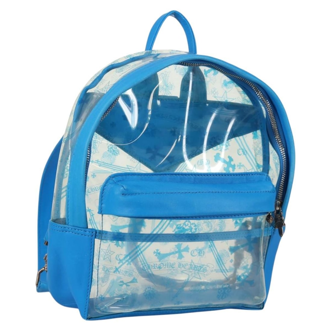 Chrome Hearts Blue Vinyl Backpack Back to School Auth 134878M: Chrome Hearts Blue Vinyl Backpack Back to School Auth 134878M This Chrome Hearts PVC Back to School Backpack combines style and functionality with its striking blue vinyl exterior. Designed to accommo