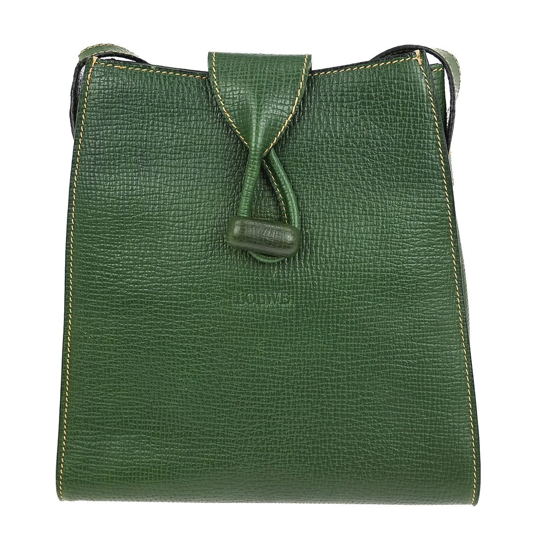 Vintage Green Leather Shoulder Bag by Loewe: Vintage Green Leather Shoulder Bag by Loewe This vintage Loewe shoulder bag for women features green leather construction with a compact design. It has visible wear including cracks on the shoulder st
