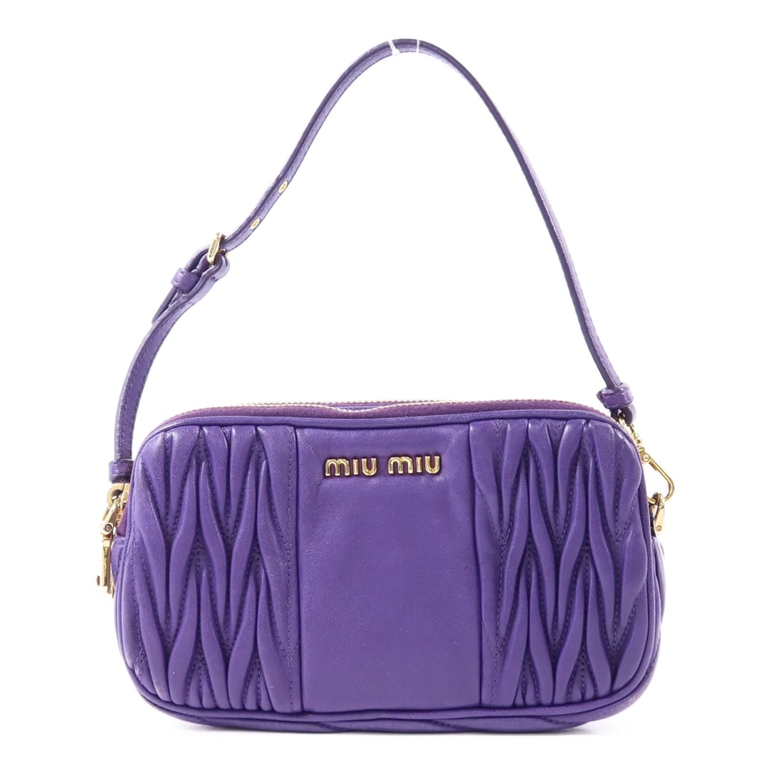 Purple Lambskin Miu Miu Handbag with Gold Tone Hardware: Purple Lambskin Miu Miu Handbag with Gold Tone Hardware This Miu Miu handbag is crafted from soft lambskin leather in a striking purple color. Made in Italy, the bag features a compact design with a m