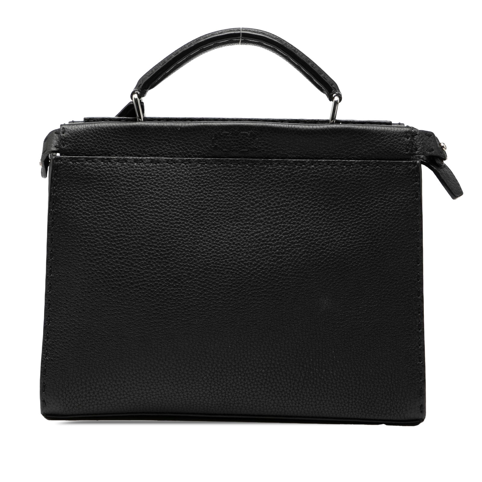 Fendi Mini Peekaboo Selleria Calfskin Black Satchel with Shoulder Strap: Fendi Mini Peekaboo Selleria Calfskin Black Satchel with Shoulder Strap The Fendi Mini Calfskin Romano Selleria Peekaboo Iconic Fit Satchel features a black leather body, a flat leather handle, a deta