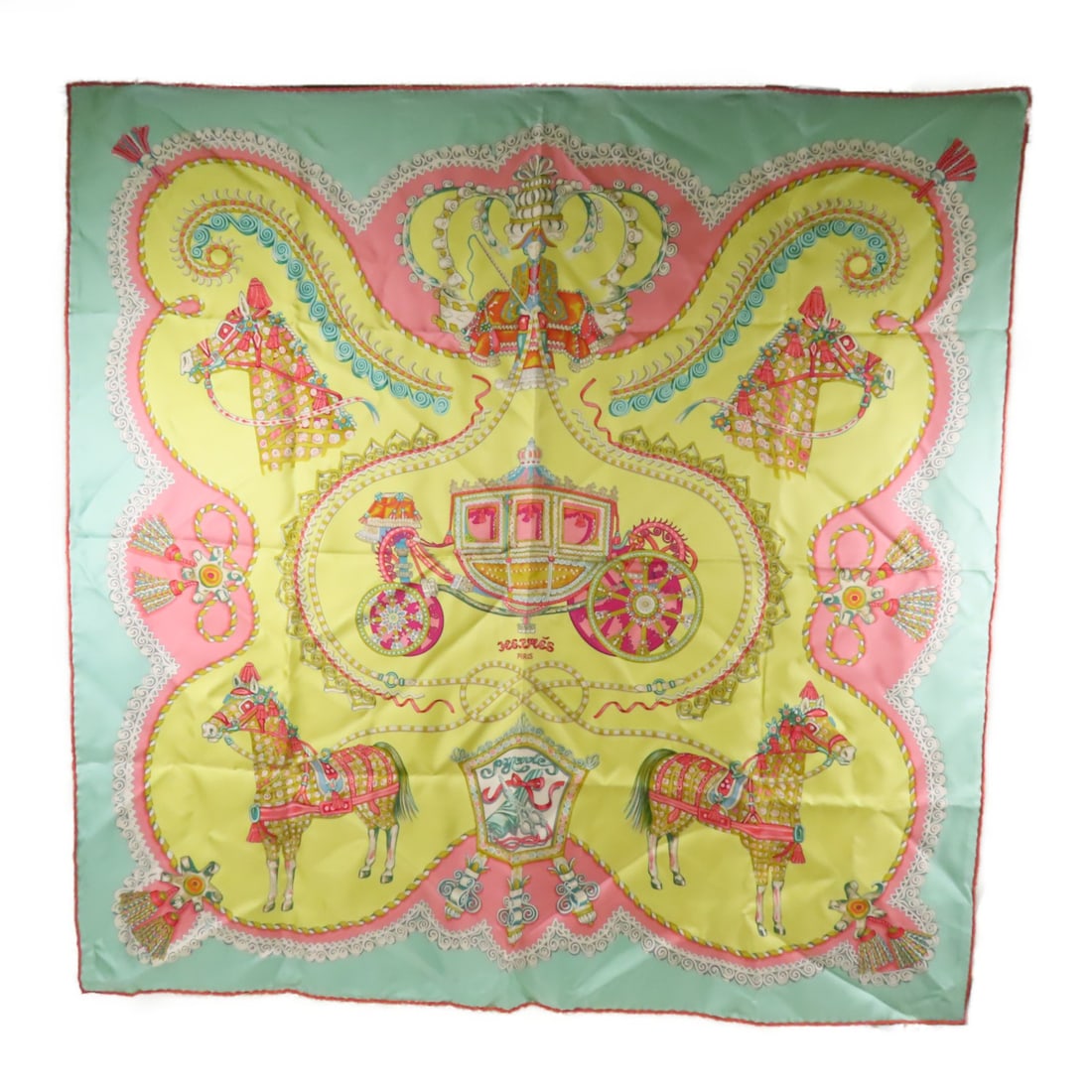 HERMES Multicolor Silk Scarf 120 x 120 France: HERMES Multicolor Silk Scarf 120 x 120 France This elegant HERMES scarf features a luxurious silk composition, showcasing a vibrant multicolor palette of green and yellow. Measuring 120 cm x 120 cm, i
