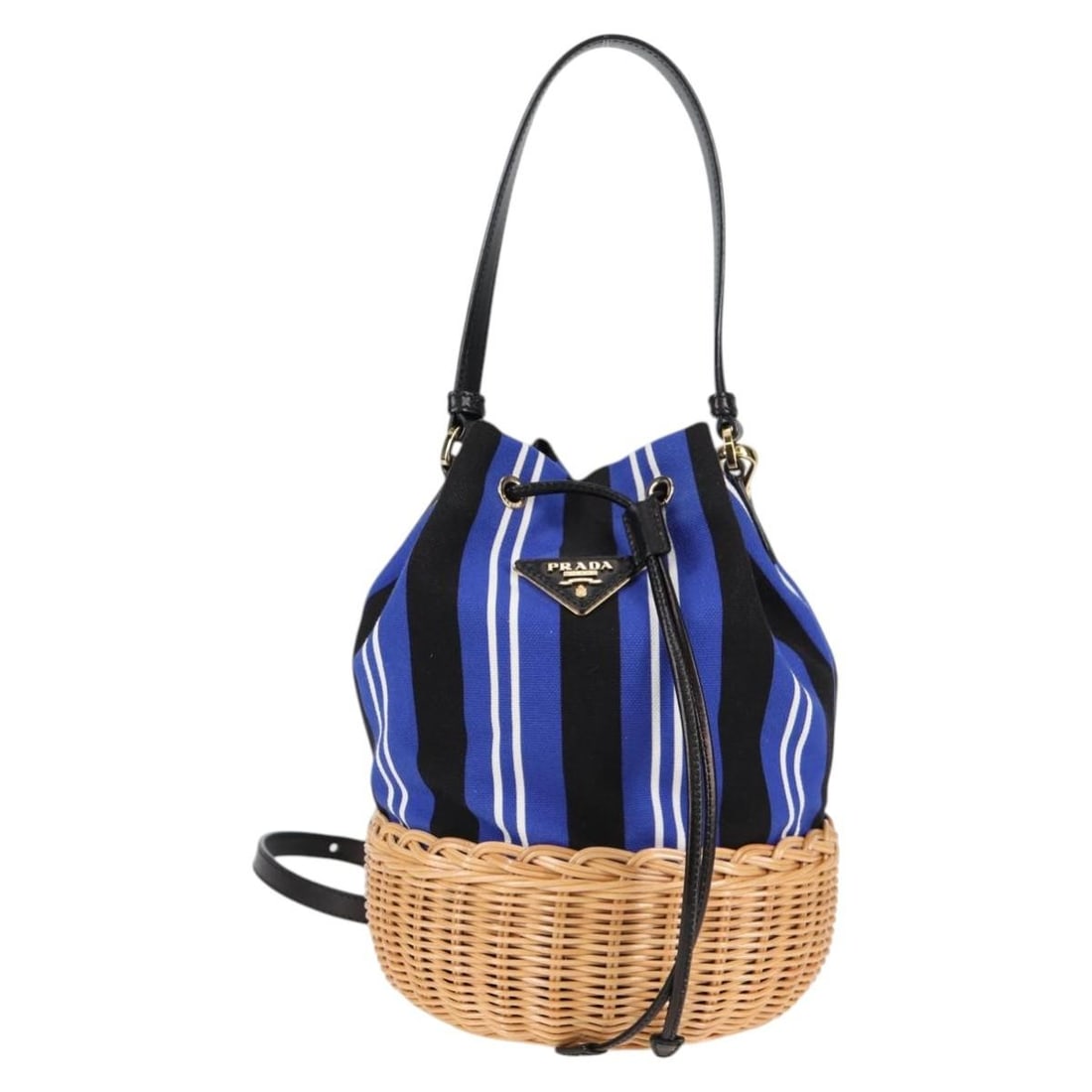 Prada Blue Canvas Bucket Bag with Wicker Drawstring Closure: Prada Blue Canvas Bucket Bag with Wicker Drawstring Closure This pre-owned Prada drawstring bucket bag for women features a blue canvas body with wicker accents. The handbag is crafted in Italy and of