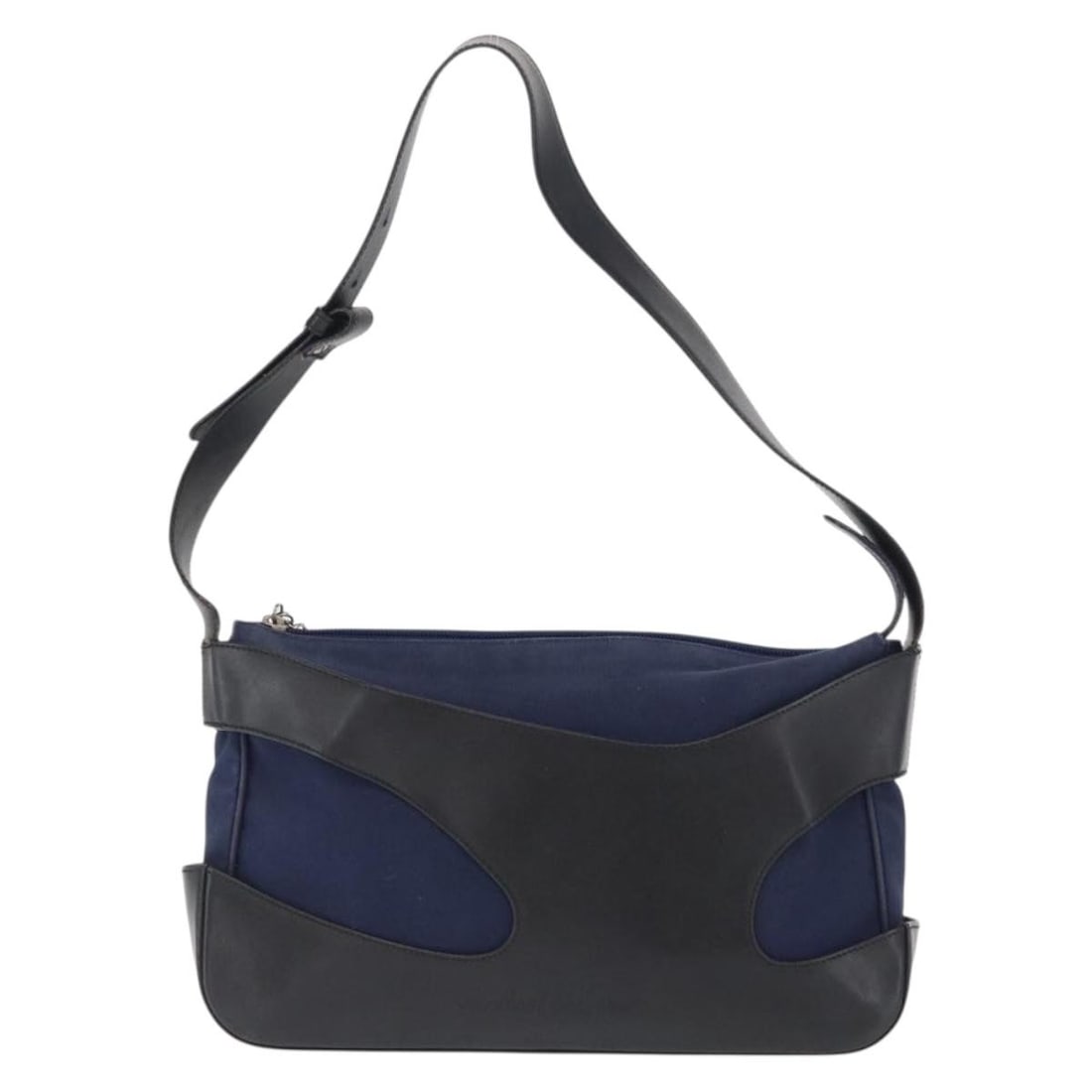 Navy Canvas and Leather Shoulder Bag by Salvatore Ferragamo 31cm: Navy Canvas and Leather Shoulder Bag by Salvatore Ferragamo 31cm This Salvatore Ferragamo Cut Out Shoulder Bag for women features a navy canvas body with leather accents. The bag shows signs of wear i