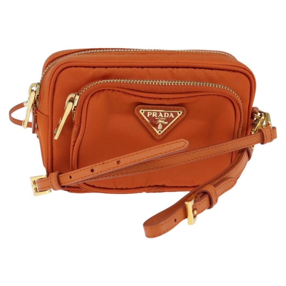 PRADA Nylon Shoulder Bag Orange Gold Authentic 149289: PRADA Nylon Shoulder Bag Orange Gold Authentic 149289 This authentic PRADA shoulder bag is crafted from durable nylon in a vibrant orange and gold color scheme. With approximate dimensions of 5.9 inch