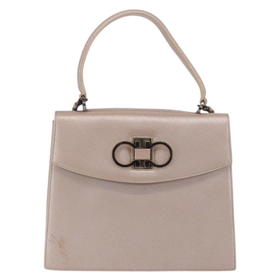 Pink Leather Handbag by Salvatore Ferragamo Gancini 28cm by 23cm by 9cm: Pink Leather Handbag by Salvatore Ferragamo Gancini 28cm by 23cm by 9cm This pre-owned Salvatore Ferragamo Gancini handbag for women features pink leather construction with metal fittings. It shows si