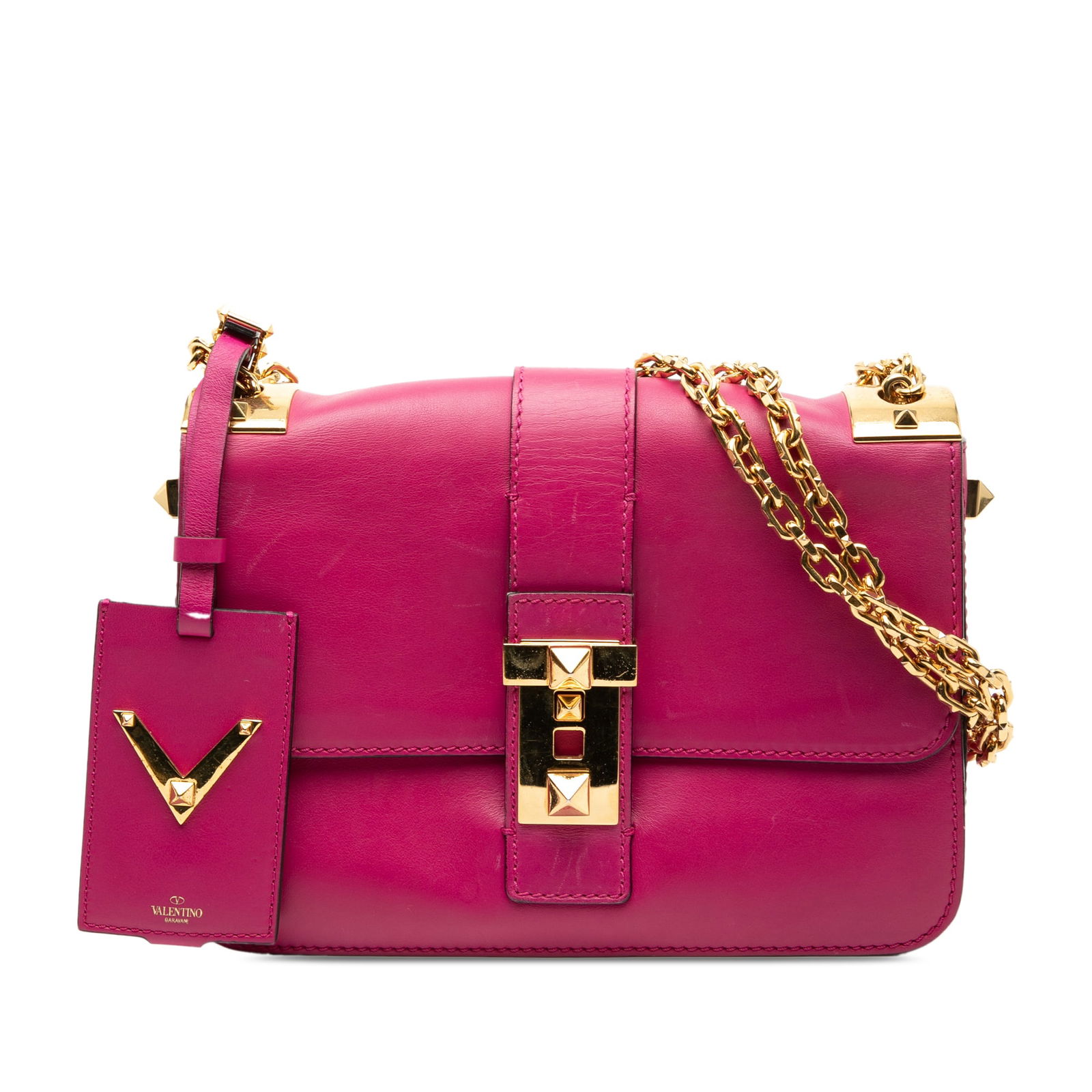 Valentino B Rockstud Pink Leather Shoulder Bag with Chain Strap: Valentino B Rockstud Pink Leather Shoulder Bag with Chain Strap This Valentino B Rockstud shoulder bag is crafted from pink leather and features gold tone chain straps, a front flap with a push lock c
