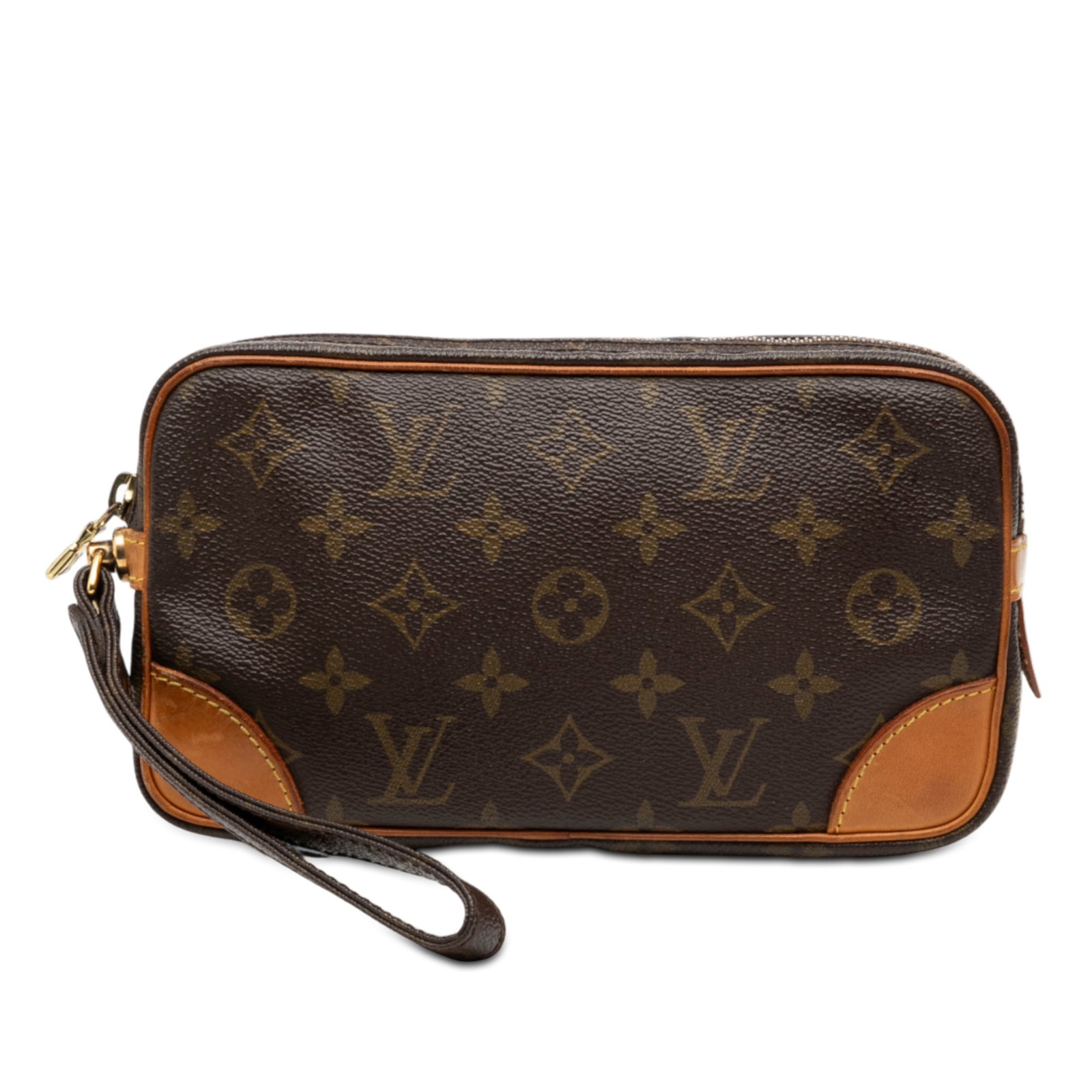 Brown Monogram Canvas Marly Dragonne PM Wristlet by Louis Vuitton: Brown Monogram Canvas Marly Dragonne PM Wristlet by Louis Vuitton The Louis Vuitton Monogram Marly Dragonne PM features a monogram canvas body complemented by vachetta leather trim, a flat wrist strap