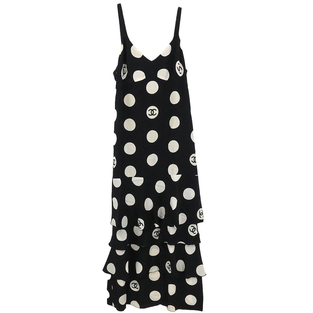 Black Silk Midi Camisole Dress by Chanel 97P Size FR 42: Black Silk Midi Camisole Dress by Chanel 97P Size FR 42 This vintage Chanel camisole dress features a sleeveless design and a midi length, crafted from 100% silk in black and white. It is accented wit
