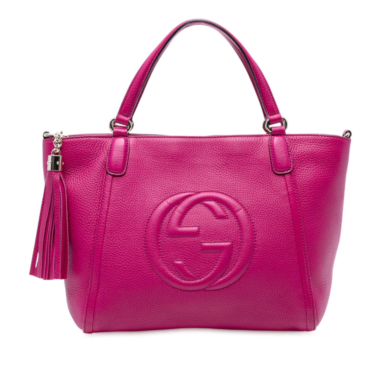 Gucci Soho Cellarius Pink Leather Small Satchel with Tassel Detail: Gucci Soho Cellarius Pink Leather Small Satchel with Tassel Detail Introducing the Gucci Small Leather Soho Cellarius Satchel, a stylish and practical accessory crafted in Italy. This satchel features