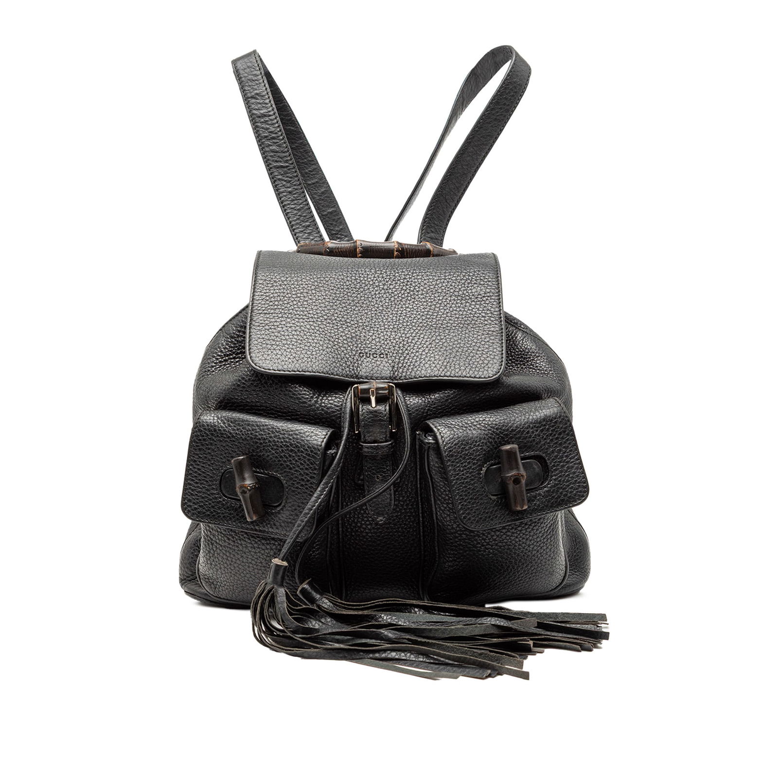 Gucci Bamboo Handle Leather Backpack with Tassel Accents: Gucci Bamboo Handle Leather Backpack with Tassel Accents This Gucci Leather Bamboo Tassel Backpack features a black leather body, flat straps, a signature bamboo handle, exterior flap pockets with bam