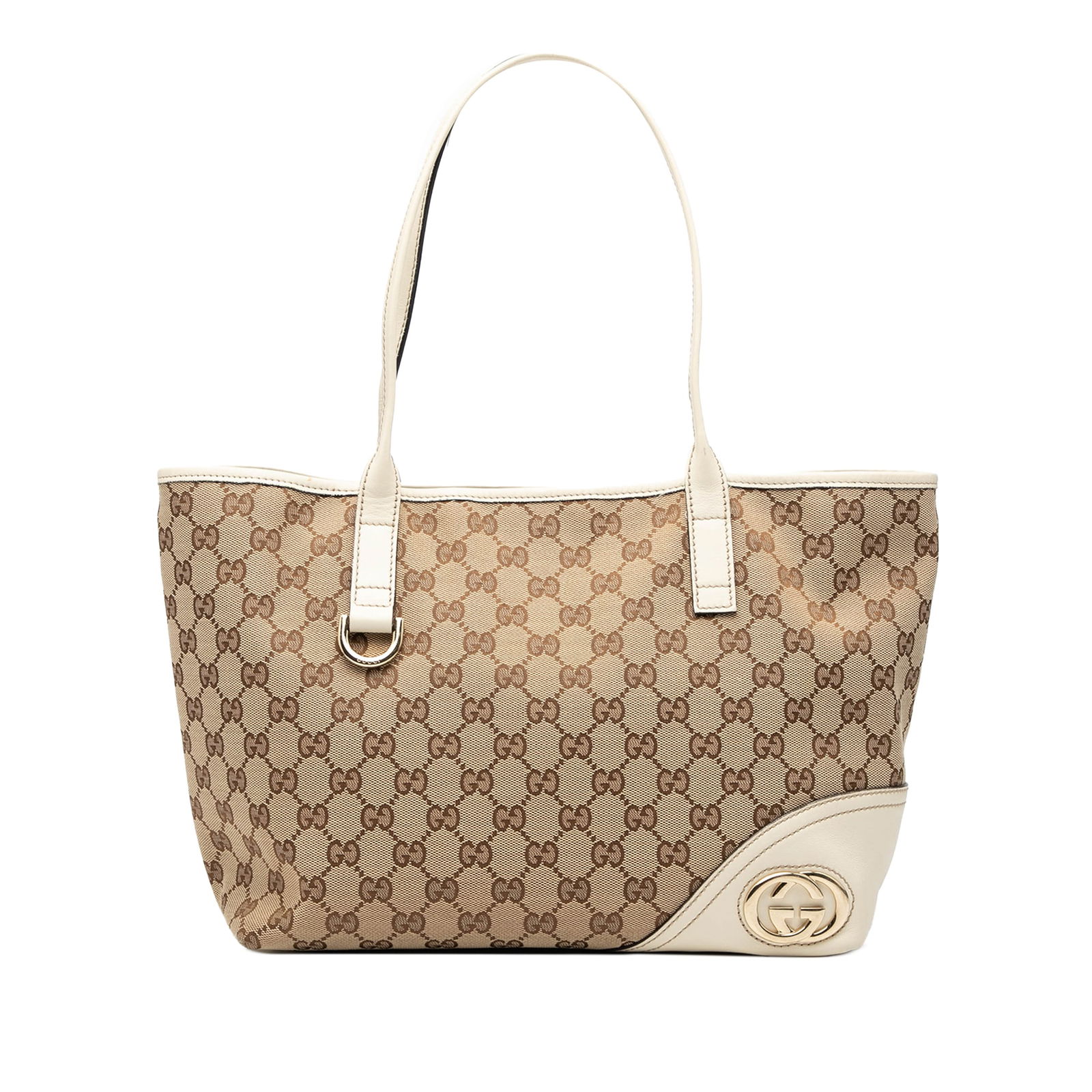 GG Canvas New Britt Shoulder Tote with Leather Straps by Gucci: GG Canvas New Britt Shoulder Tote with Leather Straps by Gucci This Gucci GG Canvas New Britt Tote features a brown canvas body with flat leather straps, an open top secured by a magnetic closure, and