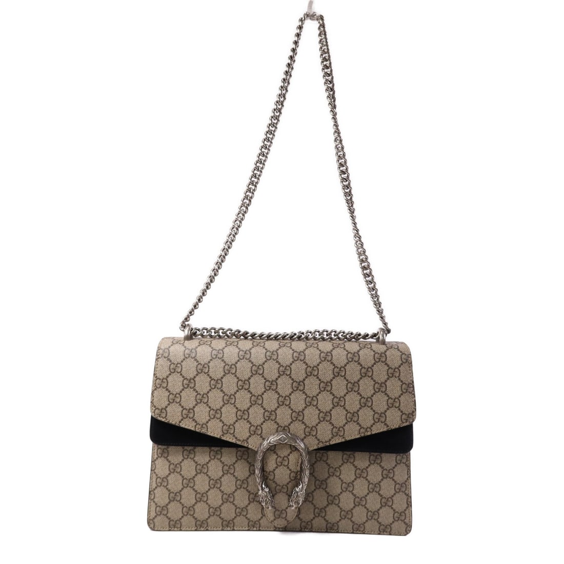 Gucci Dionysus Medium Brown Shoulder Bag in Coated Canvas: Gucci Dionysus Medium Brown Shoulder Bag in Coated Canvas This GUCCI GG Dionysus Medium Shoulder Bag features a brown and black PVC coated canvas exterior. Designed as a shoulder bag, it is crafted in