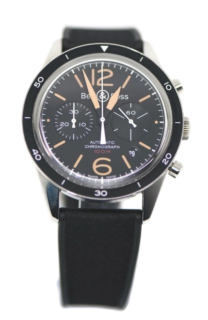 Bell & Ross Heritage Chronograph Stainless Steel Watch BR126 with Box and Papers: Bell & Ross Heritage Chronograph Stainless Steel Watch BR126 with Box and Papers The Bell & Ross Heritage Chronograph is a striking wristwatch that combines elegance with functionality. Crafted with a