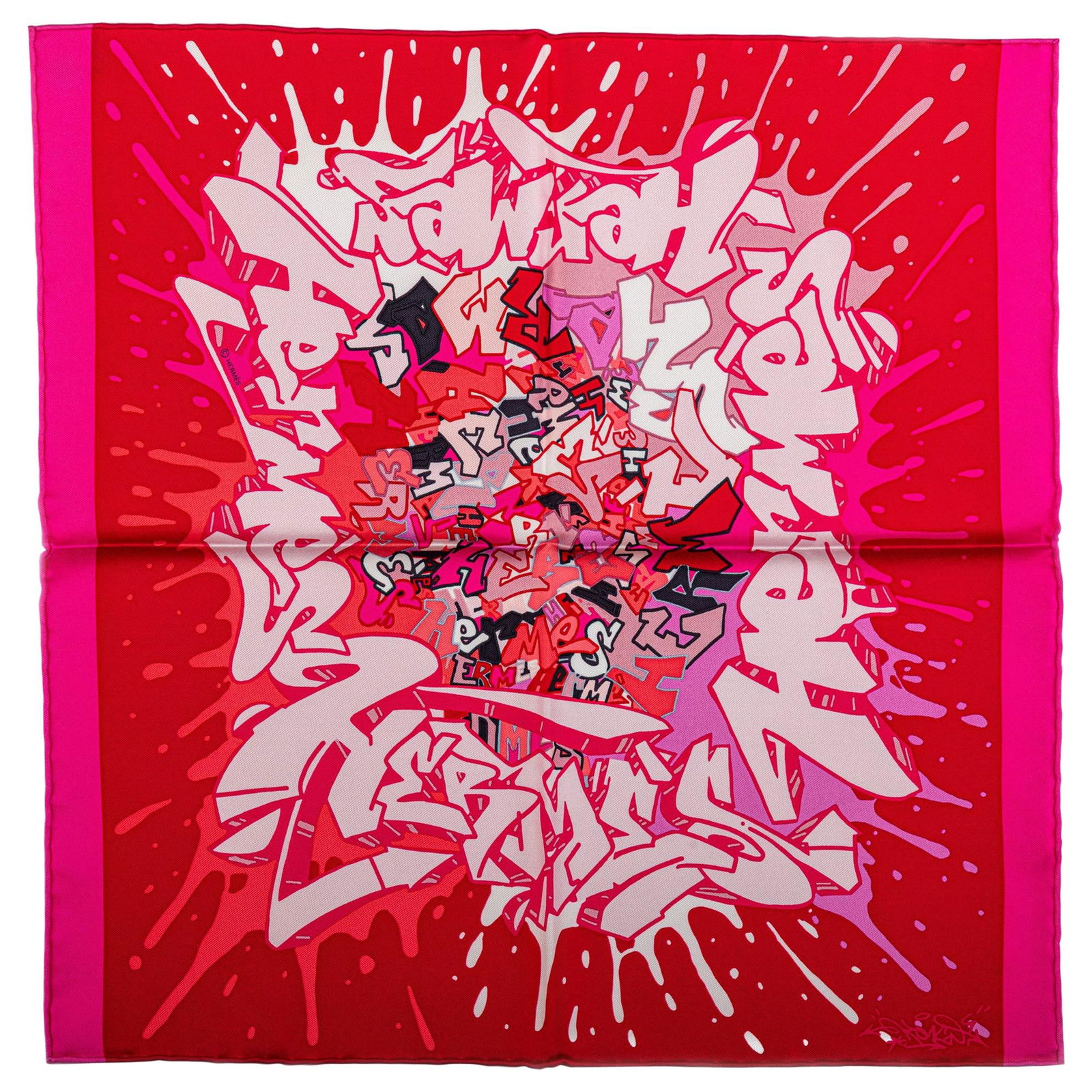 Hermes Small Silk Scarf Fuchsia Graffiti Design 16.5 Inch NIB: Hermes Small Silk Scarf Fuchsia Graffiti Design 16.5 Inch NIB This Hermes Fuchsia Graffiti small silk scarf features a vibrant multi-pink design created by Kongo, the co-founder of the International G