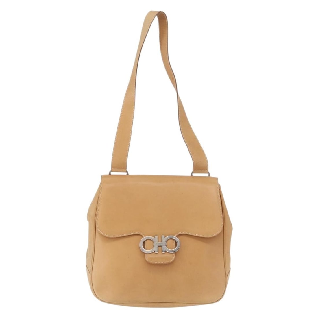 Leather Gancini Shoulder Bag by Salvatore Ferragamo in Beige: Leather Gancini Shoulder Bag by Salvatore Ferragamo in Beige This Salvatore Ferragamo Gancini shoulder bag is crafted from beige leather and designed for women. It features a structured silhouette wit