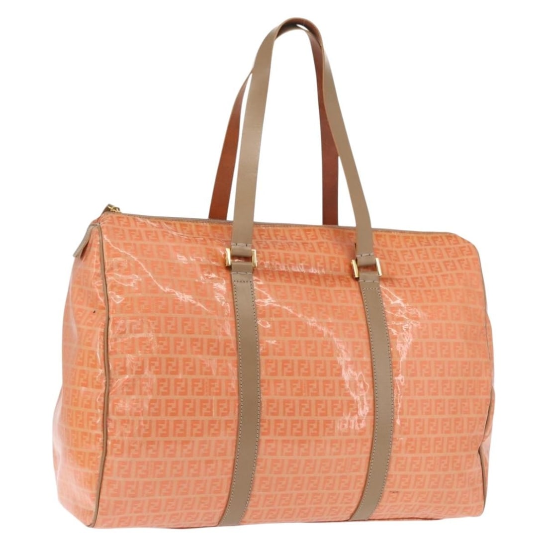 Orange Zucchino Canvas Boston Bag by FENDI with Gold Accents and Dust Bag: Orange Zucchino Canvas Boston Bag by FENDI with Gold Accents and Dust Bag This FENDI Boston bag features the iconic Zucchino canvas in an orange and gold color scheme. Made in Italy, it offers a spaci