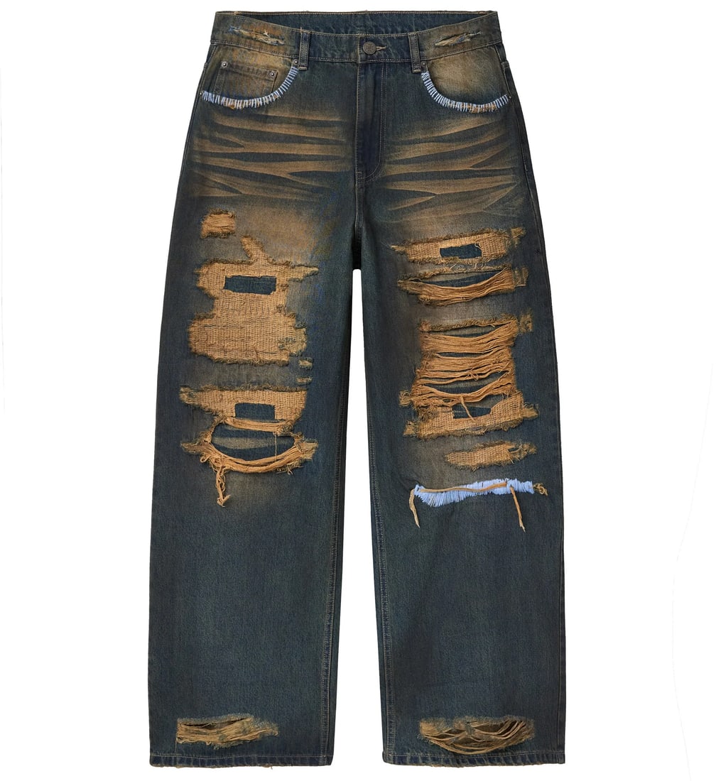 Distressed Straight-Leg Denim Pants with Ripped Detailing by Vale: Distressed Straight-Leg Denim Pants with Ripped Detailing by Vale The Vale Thrashed Denim Pants are crafted from durable and comfortable denim, featuring bold distressed detailing with hand-finished r