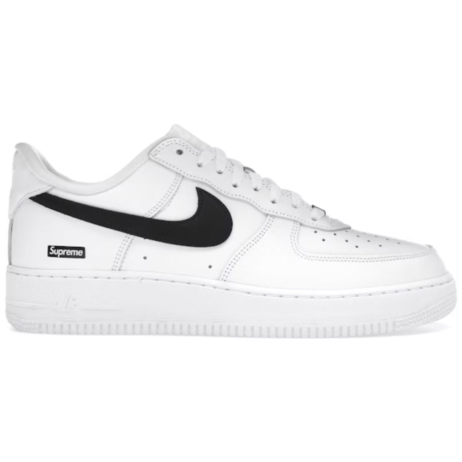 Nike Air Force 1 Low Supreme Box Logo White Black Sneakers: Nike Air Force 1 Low Supreme Box Logo White Black Sneakers This pair of Supreme Air Force 1 Low sneakers features the signature Box Logo in white and black. The shoes are un-used and unworn. Size is m