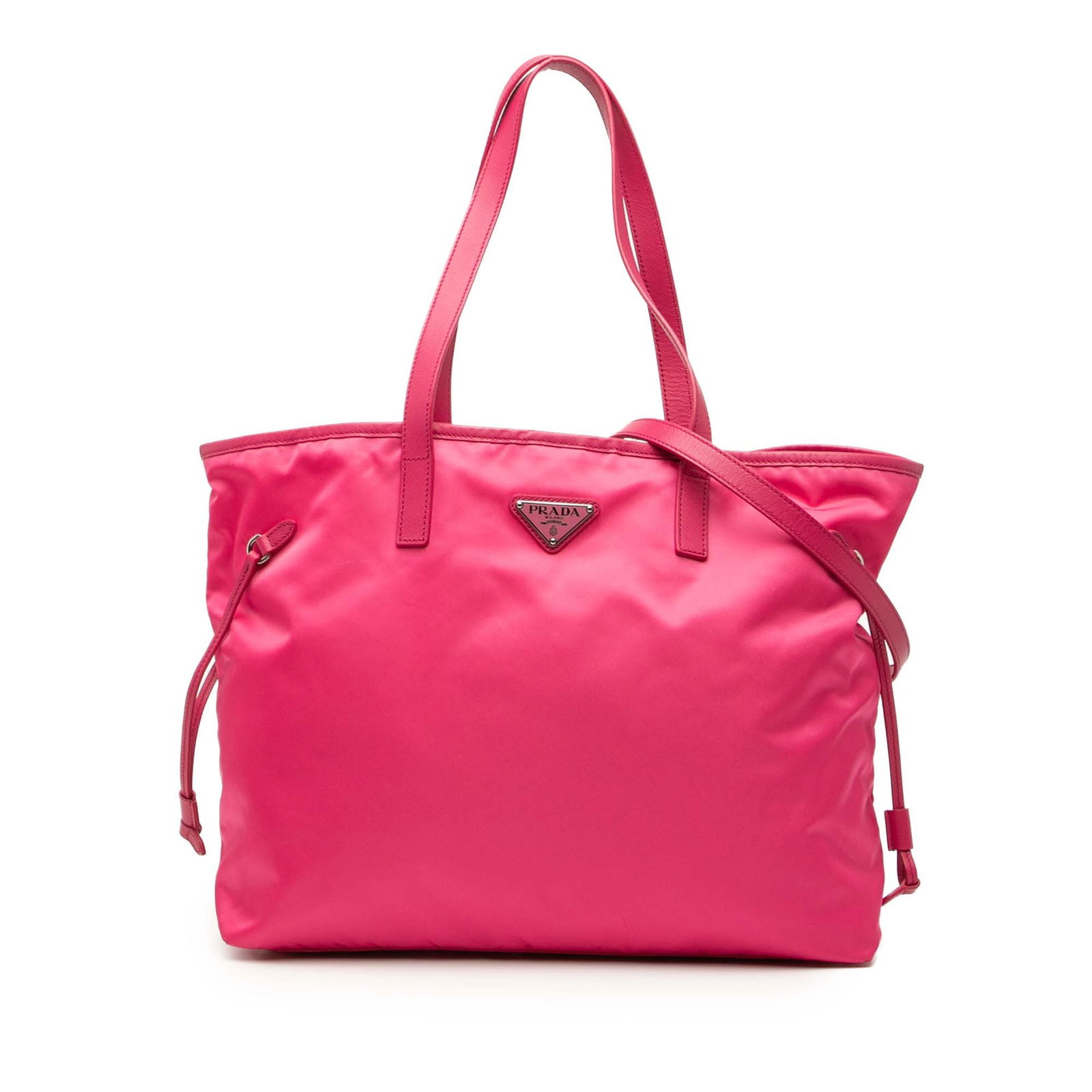 Pink Prada Tessuto Tote with Saffiano Leather Trim and Convertible Straps: Pink Prada Tessuto Tote with Saffiano Leather Trim and Convertible Straps This Prada Saffiano Trimmed Tessuto Open Convertible Tote is crafted from a pink nylon body accented with Saffiano leather tri