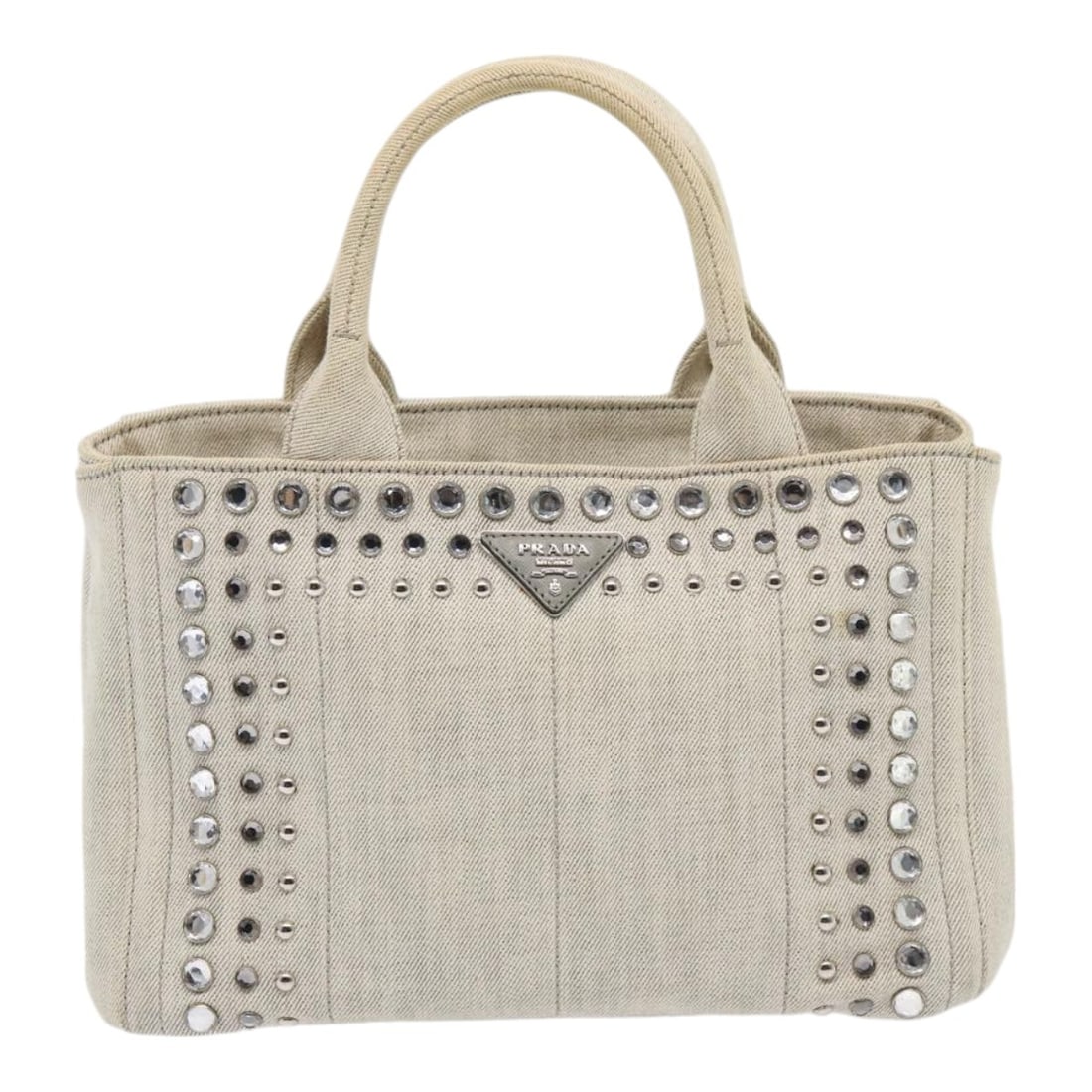 Gray Prada Canapa Tote with Rhinestone Canvas Detailing: Gray Prada Canapa Tote with Rhinestone Canvas Detailing This Prada Canapa Tote features rhinestone embellishments on gray canvas, offering a stylish and elegant look. Designed for women, the tote is c