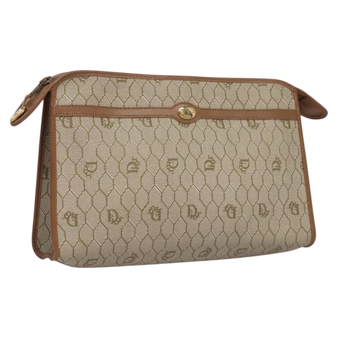 Christian Dior Honeycomb Beige Coated Canvas Zip Pouch 28cm: Christian Dior Honeycomb Beige Coated Canvas Zip Pouch 28cm This vintage Christian Dior Honeycomb zip pouch for women features a beige coated canvas exterior with a honeycomb pattern. It includes meta