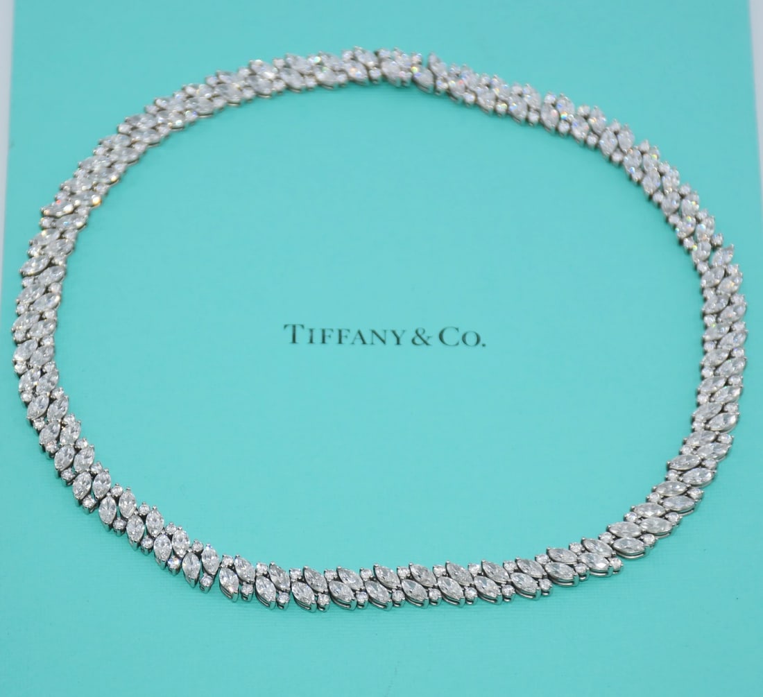 Tiffany & Co Marquise Diamond Cluster Platinum Necklace 48 CTW: Tiffany & Co Marquise Diamond Cluster Platinum Necklace 48 CTW This exquisite Tiffany & Co. necklace features a stunning marquise diamond cluster, expertly crafted from high-quality platinum (950 puri