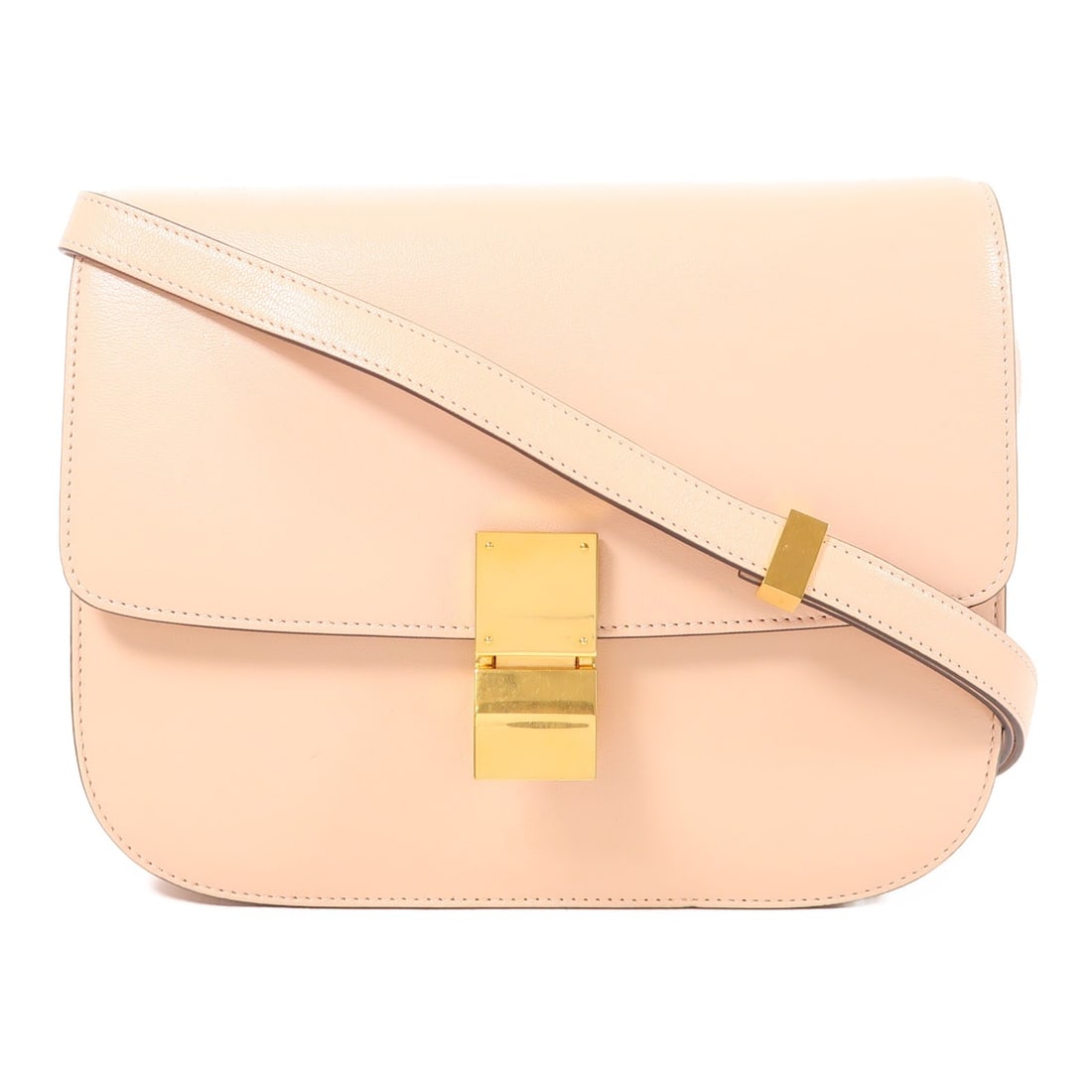 CELINE Classic Box Shoulder Bag Pale Pink Calfskin Leather GHW: CELINE Classic Box Shoulder Bag Pale Pink Calfskin Leather GHW This CELINE Classic Box Shoulder Bag showcases a timeless design crafted from luxurious calfskin leather in a soft pale pink hue. The bag