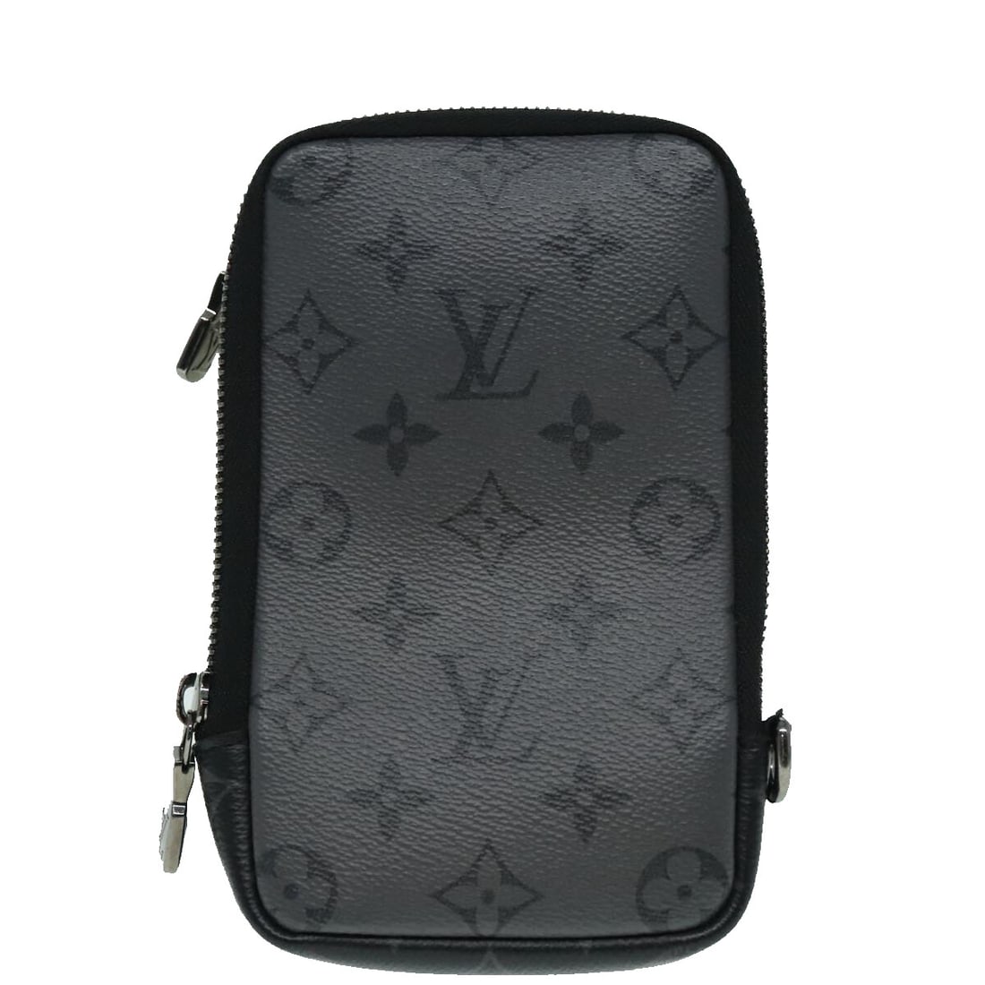 Louis Vuitton Double Phone Pouch Eclipse Canvas Gray Unisex: Louis Vuitton Double Phone Pouch Eclipse Canvas Gray Unisex This Louis Vuitton Double Phone Pouch is crafted from gray reverse monogram Eclipse canvas, designed for unisex use. It features a compact d
