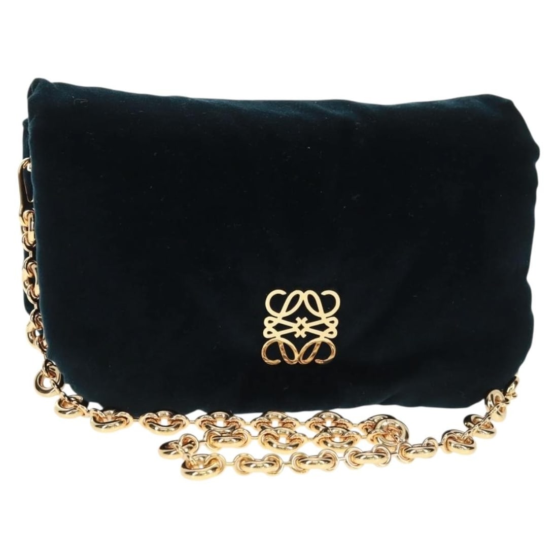Black Velor Chain Goya Shoulder Bag by LOEWE with Dust Bag: Black Velor Chain Goya Shoulder Bag by LOEWE with Dust Bag This LOEWE Chain Goya shoulder bag features a velor exterior in black and gold tones. The bag is designed with a structured silhouette and a